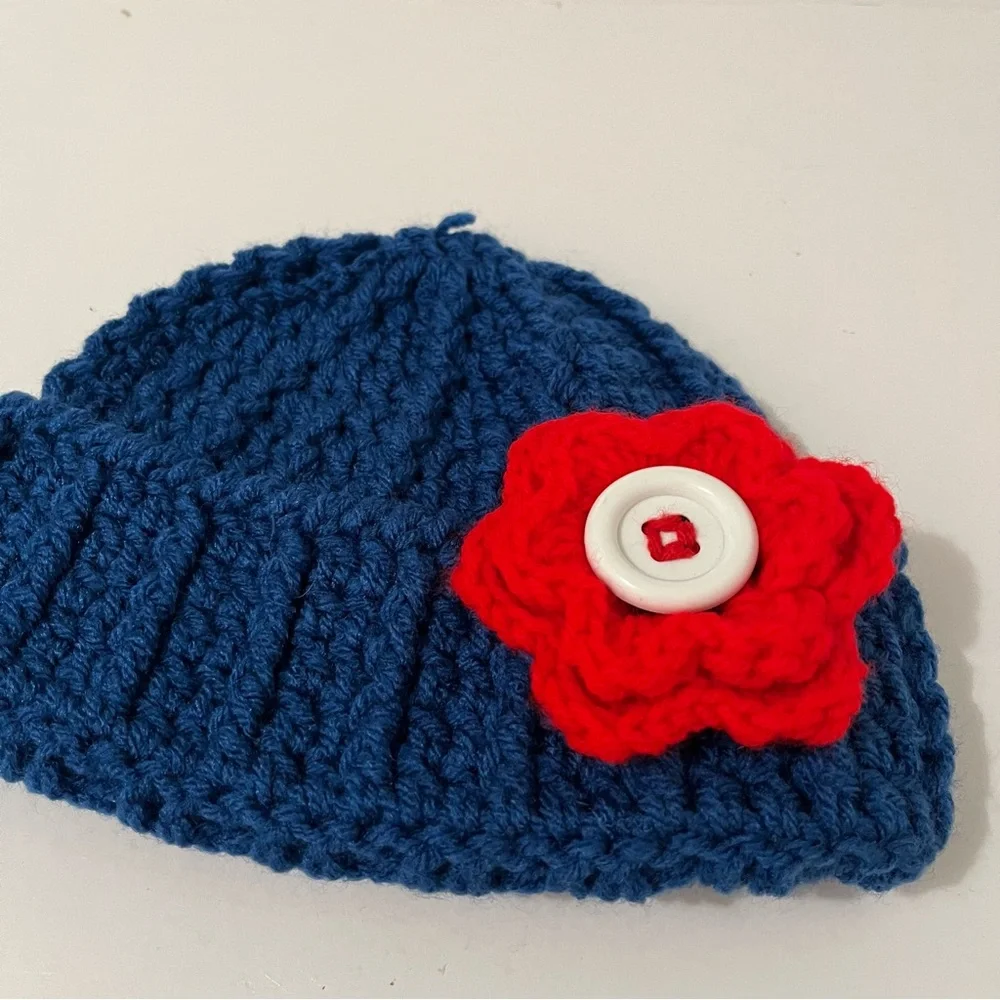 Handmade Blue Red Flower Floral Button Crochet Beanie Hat One Size